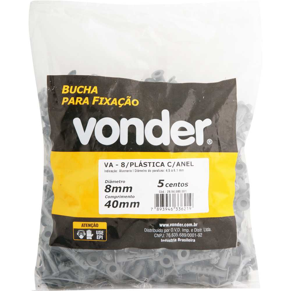 Bucha de Fixação Plástica com Anel VONDER VA-08 - 500 Peças 8mm