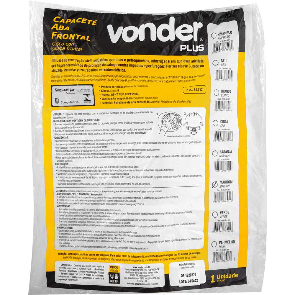 Capacete de Segurança Marrom Aba Frontal VONDER PLUS com Suspensão Catraca e Jugular