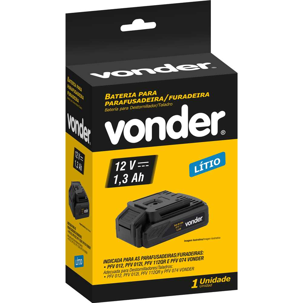 Bateria de Lítio 12V Vonder Original - Reposição para Parafusadeira/Furadeira PFV 012
