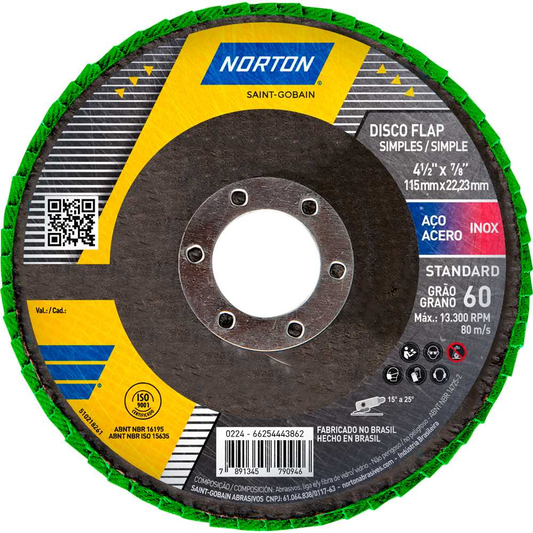 Flap Disc Norton R244 Standard 4.1/2" Grão 60 - Desbaste e Acabamento Profissional